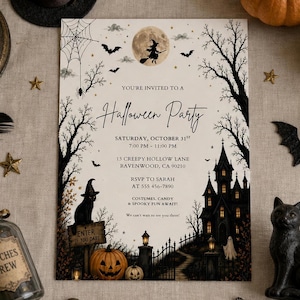 May include: A rectangular Halloween party invitation card featuring a haunted house, a full moon with a witch on a broomstick, bats, a spider web, a black cat on a sign that says ENTER IF YOU DARE, and pumpkins. The text includes event details.