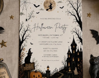 Halloween Party Invitation Gothic Haunted House Party Invite Vintage Halloween Costume Party Canva Template Printable Digital Download