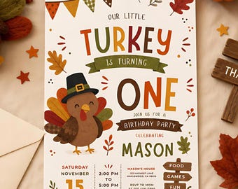 Little turkey turning one birthday invitation editable template fall first birthday invite Thanksgiving theme printable LT01