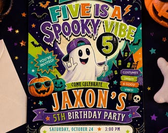 Five Is a Spooky Vibe Birthday Invitation Halloween Birthday Invitation Editable Ghost Pumpkin Party Invite Boy Canva Template Digital