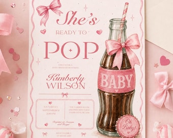 Ready to Pop Baby Shower Invitation Girl She's Ready to Pop Coquette Pink Bow Baby Shower Invite Retro Soda Editable Canva Template RTP01