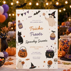 May include: A white Halloween party invitation card featuring illustrations of a ghost, black cat, jack-o'-lantern, cauldron, and cupcake. The text reads: You're invited to a Halloween party, Tricks Treats and Spooky Sweets, Saturday, October 25, 7:00 PM, 123 Creepy Lane, Any City, State 90210, RSVP to Jessica at 555 123-4567.