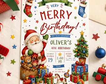 Christmas Birthday Invitation Merry Birthday Santa December Birthday Party Editable Canva Template Winter Birthday Holiday Printable Digital