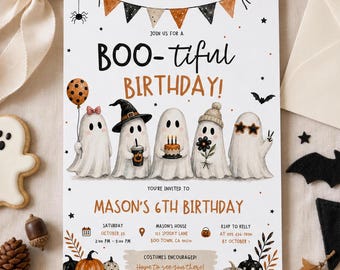 Halloween Birthday Invitation Bootiful Birthday Party Invite Ghost Birthday Editable Canva Template Printable Download Digital