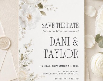 Editable floral save the date wedding invitation template printable minimalist modern greenery boho style digital download canva SWD001