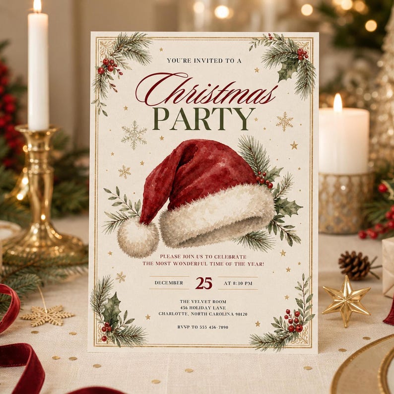 May include: A cream-colored Christmas party invitation card featuring a red Santa hat with white trim, surrounded by pine branches, holly berries, and gold snowflakes. The text reads: You're invited to a Christmas party, December 25 at 8:30 PM.