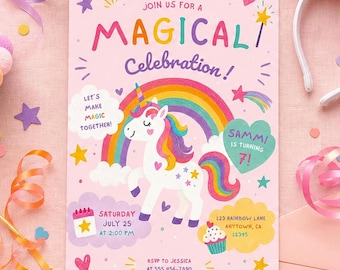 Unicorn birthday invitation magical celebration rainbow pastel kids party invite digital template editable printable