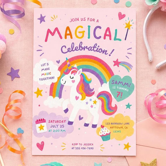 Unicorn birthday invitation magical celebration rainbow pastel kids party invite digital template editable printable