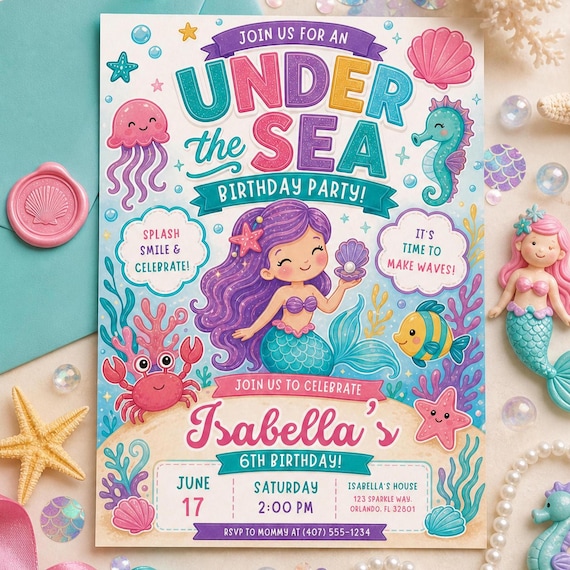 Editable Under the Sea Birthday Invitation for Girls Mermaid Ocean Party Invite Cute Cartoon Mermaid Birthday Little Mermaid Canva Template