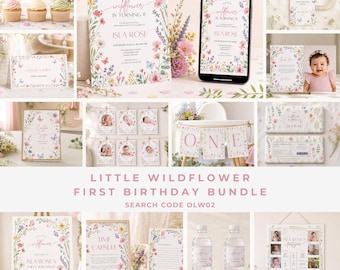 Little Wildflower First Birthday Bundle Wildflower Birthday Decorations Editable Floral 1st Birthday Party Printable Kit OLW02