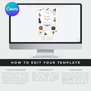 May include: A computer monitor displaying a digital Halloween party invitation template in Canva. The design features illustrations of ghosts, a black cat, a pumpkin, and a cauldron, with text reading Tricks Treats AND. Instructions for editing are below.