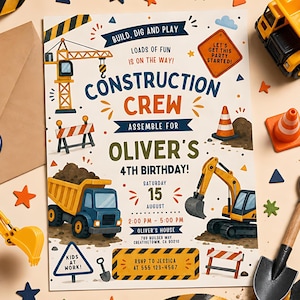 May include: A rectangular party invitation featuring construction-themed illustrations including a crane, dump truck, excavator, and traffic cones. The text reads: Build, Dig and Play, Construction Crew, Oliver's 4th Birthday, Saturday 15 August, 2:00 PM - 5:00 PM, Oliver's House, 789 Builder Way, Creativetown, CA 90210, Kids at Work, and RSVP to Jessica at 555 129-4567.