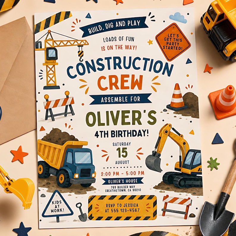 May include: A rectangular party invitation featuring construction-themed illustrations including a crane, dump truck, excavator, and traffic cones. The text reads: Build, Dig and Play, Construction Crew, Oliver's 4th Birthday, Saturday 15 August, 2:00 PM - 5:00 PM, Oliver's House, 789 Builder Way, Creativetown, CA 90210, Kids at Work, and RSVP to Jessica at 555 129-4567.