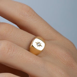 14K Gold Diamond North Star Signet Ring