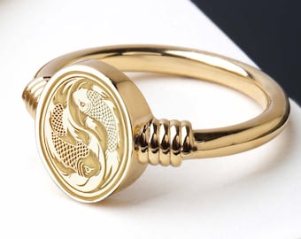 Sterling Silver Yin Yang Koi Fish Signet Ring, Eastern Jewelry