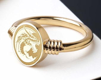 Sterling Silver Dragon Signet Ring, Gold Plated Norse Jewelry
