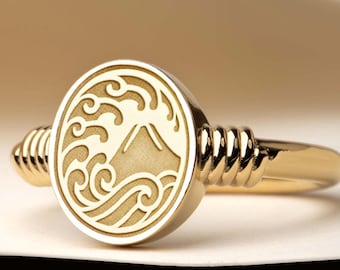 Sterling Silver Wave and Mount Fuji Signet Ring, Japanese Jewelry