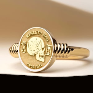 Sterling Silver Memento Mori Signet Ring: Engraved Skull, Amor Fati