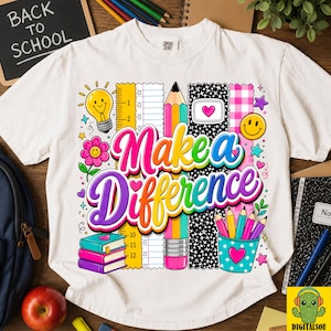 Make A Difference Teacher PNG、カラフルな新学期昇華デザイン、Preppy Teacher シャツ PNG、鉛筆ノートのデジタルダウンロード