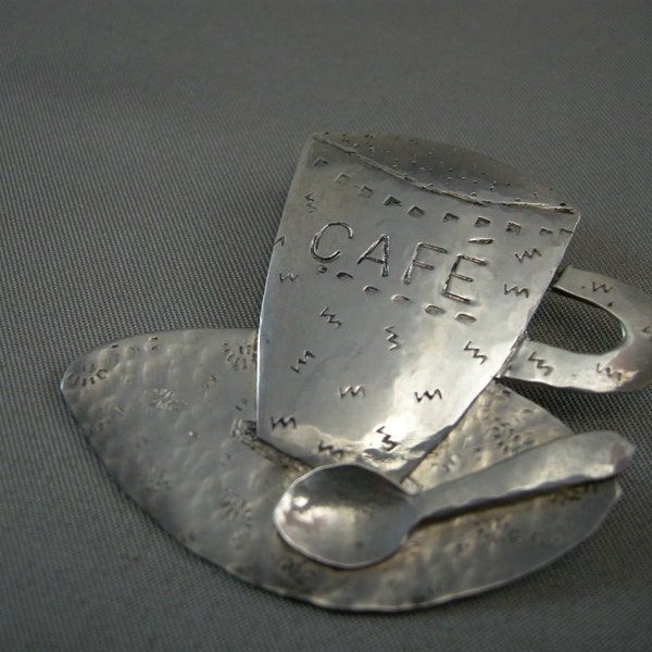 RESERVED OLGA Modernist Sterling Silver Brooch Pin in Cafe Cup Spoon and Saucer Design Restaurant Jewelry Wait staff Jewelry