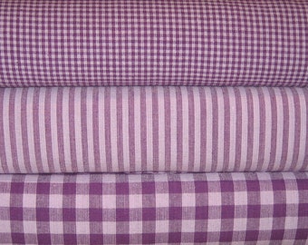 3 Purple & Lavender Checkered, Stripe, Plaid Homespun Fabric Bundle   1/2 Yard Cuts