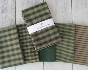 Dunroven House 5 Primitive Homespun Hunter Green / Wheat Fabric Fat Quarters, Sewing, Quilting, Home Decor. Projects
