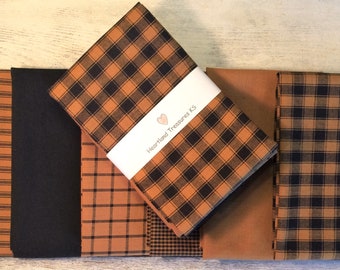 Dunroven House 6 Primitive Tawny Pumpkin Spice (Not Orange) & Black Homespun Fabric Fat Quarters Primitive, Sewing, Quilting,