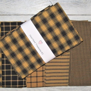 Dunroven House 5 Primitive Mustard & Black Homespun Fabric Fat Quarter Bundle Fall Fabric, Primitive Fabric, Autumn Fabric, Sewing Fabric