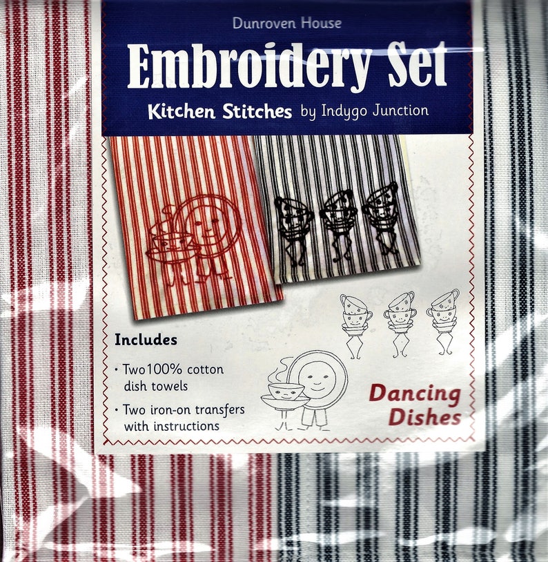2 Transfer Pattern Kit Dancing Dishes Dish Towel Embroidery Set 2 Towels