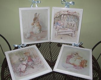 A Pair of Beatrix Potter Bunny / Kitten Prints   8x10 Framed with Hanging Ribbons