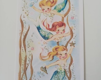 Mermaids- Very Retro Look for Child's Room- Print Only Two sizes available