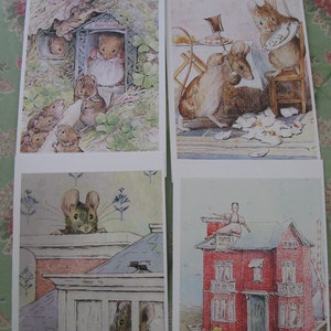May include: Four vintage illustrations featuring mice in various settings. The first shows a group of mice entering a small house with the text "The Mouse House". The second shows two mice sitting at a table with a plate of food. The third shows a mouse peeking out of a window on a roof. The fourth shows a dollhouse with a doll standing on the roof.