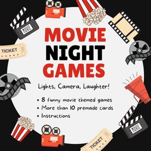Juegos para una noche de cine: paquete imprimible para fiestas para amantes del cine. ¡Divertidos desafíos para cinéfilos! Listo para imprimir. Tarjetas únicas. Descarga instantánea.