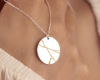 Wisiorek Kintsugi | Złoty naszyjnik artystyczny Kintsugi, biżuteria japońska, biżuteria w stylu art déco, prezent dla mężczyzn i kobiet, prezent świąteczny dla niej i dla niego