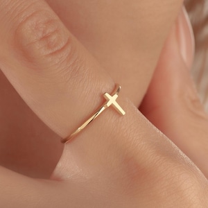 Gold Cross Ring and Dainty Thin Stackable Engagement Rings | Christian Handmade Jewelry Pinky Ring Gift, Gold Filled Jewelry Christmas Gift