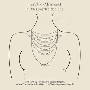 May include: A chain length size guide with the text "PureCekMinimalist" at the top. The guide shows various chain lengths from 14 inches to 30 inches, with corresponding centimeter measurements. Text at the bottom suggests suitable lengths for girls and chokers.