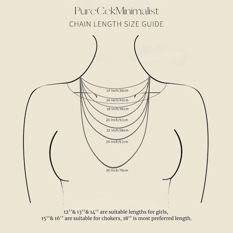 May include: A chain length size guide with the text "PureCekMinimalist" at the top. The guide shows various chain lengths from 14 inches to 30 inches, with corresponding centimeter measurements. Text at the bottom suggests suitable lengths for girls and chokers.