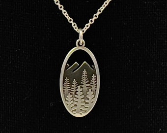 Mountain Forest Landscape Pendant * Sterling Silver * Sterling Silver Chain * Nature Lover * Trees * Mountains