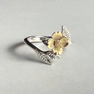 Dogwood Flower Ring Sterling Silver Leaf & Bronze Blossom, Adjustable