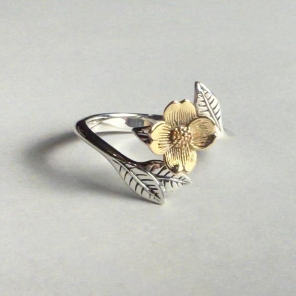Dogwood Flower Ring Sterling Silver Leaf & Bronze Blossom, Adjustable