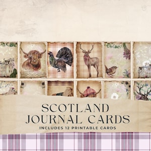 Scotland Junk Journal Cards, vintage distel, collage, Schotse hooglander, Schotse ruit, plakboekversiering, kortstondige, schrijfkaart, 8,5 x 11, JJ003