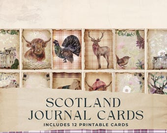 Scotland Junk Journal Cards, Vintage Thistle, Collage, Highland Cow, Tartan, Scrapbook Embellishment, Ephemera, Writing Card, 8.5x11, JJ003