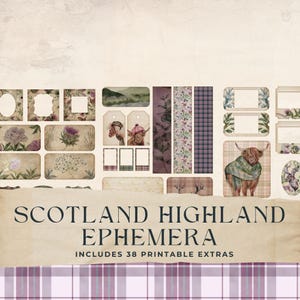 Paquet d'éphémères de journal indésirable des Highlands écossais, vieux tartan vintage, chardon, voyage, embellissements d'album aquarelle vieilli, 8,5 x 11, JJ003