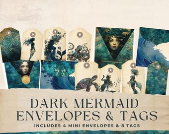 Dark Mermaid Mini Envelopes and Tags: Ocean Junk Journal Ephemera (Digital Download) JJ015