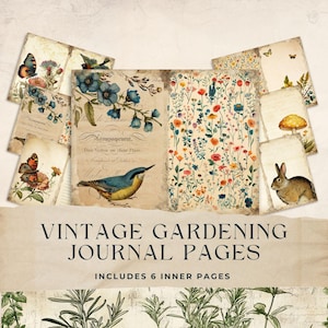 Páginas de diário de jardinagem vintage, diário de sementes de flores, papel digital floral de borboletas, álbum de recortes de primavera, 8,5 x 11, para impressão, JJ014