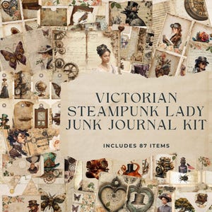 Puede incluir: Un kit de collage digital con 87 elementos con un tema de dama steampunk victoriana. El kit incluye imágenes de engranajes, relojes, mariposas y otros elementos vintage en tonos marrones, beige y dorados.