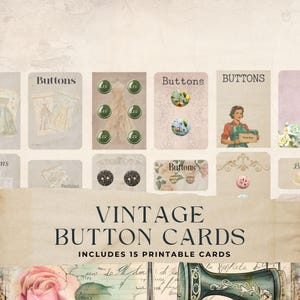 Afdrukbare kaarten met junk-journaalknoppen, vintage ephemera-pakket, naaien, neutraal bloemen, shabby chic, aquarel plakboekversiering, 8,5 x 11