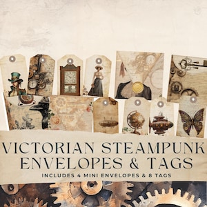 Viktorianische Steampunk Lady Mini Umschläge und Tags, industrielle Grunge, Vintage mechanische Verschönerung, Ephemera, 8.5x11, JJ010