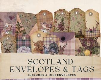 Scotland Mini Envelopes and Tags, Scottish Junk Journal, Vintage Tartan, Thistle, Collage, Scrapbook Embellishment, Ephemera, 8.5x11, JJ003