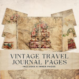 Junk-Journal Passport Digital, Druckbare Seiten, Vintage Reise, Karte Seiteneinlage, Floral, Scrapbook, gealtertes Aquarellpapier, 8.5x11, JJ004